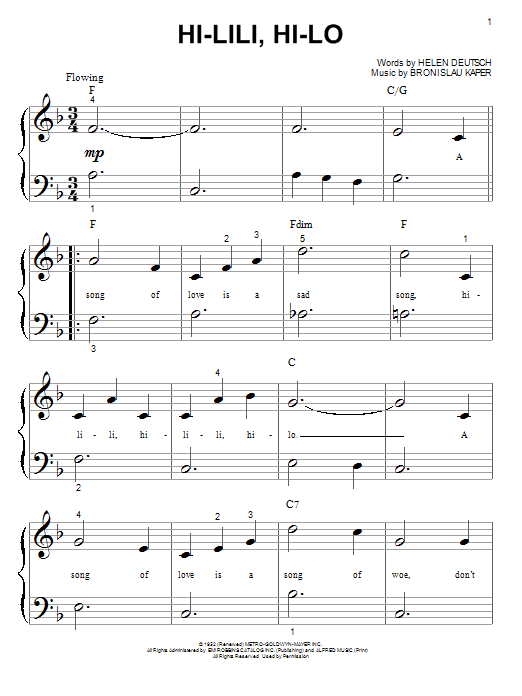 Bronislau Kaper Hi-Lili, Hi-Lo Sheet Music Notes & Chords for Piano (Big Notes) - Download or Print PDF