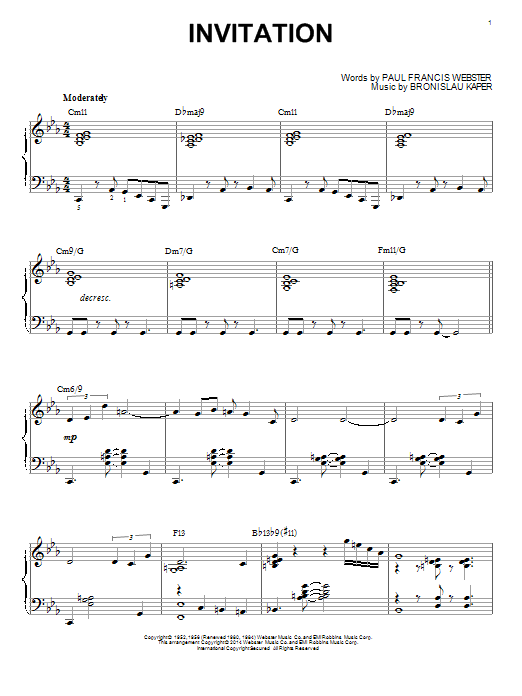 Bronislau Kaper Invitation Sheet Music Notes & Chords for Piano - Download or Print PDF