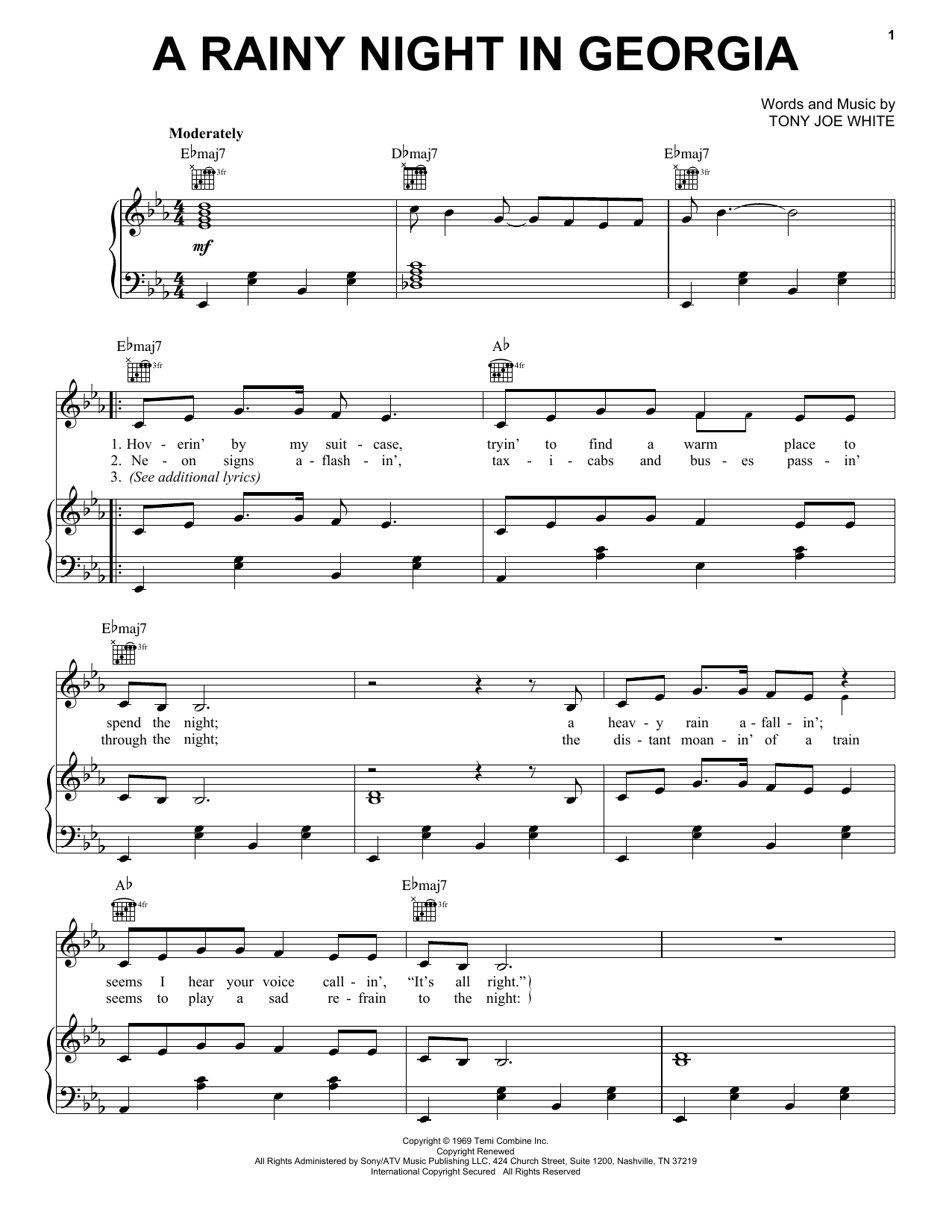 Brook Benton A Rainy Night In Georgia Sheet Music Notes & Chords for Lyrics & Piano Chords - Download or Print PDF