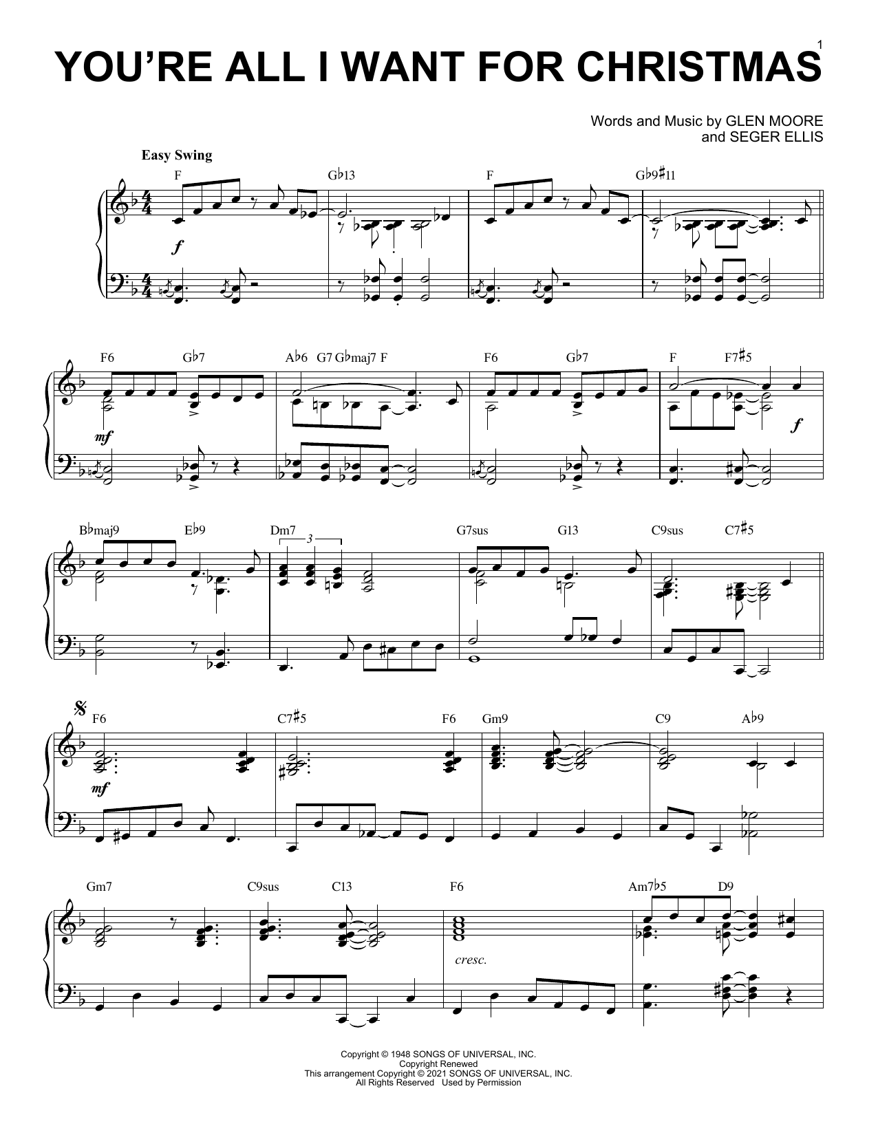 Brook Benton You're All I Want For Christmas [Jazz version] (arr. Brent Edstrom) Sheet Music Notes & Chords for Piano Solo - Download or Print PDF