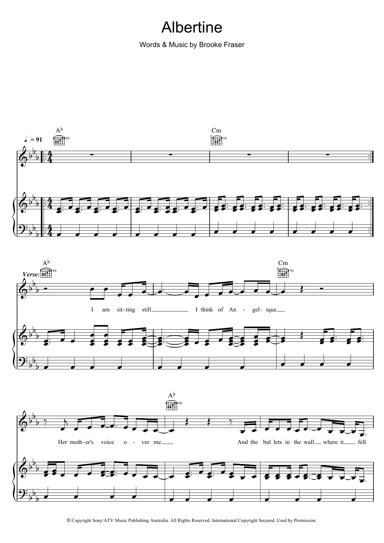 Brooke Fraser Albertine Sheet Music Notes & Chords for Piano, Vocal & Guitar (Right-Hand Melody) - Download or Print PDF