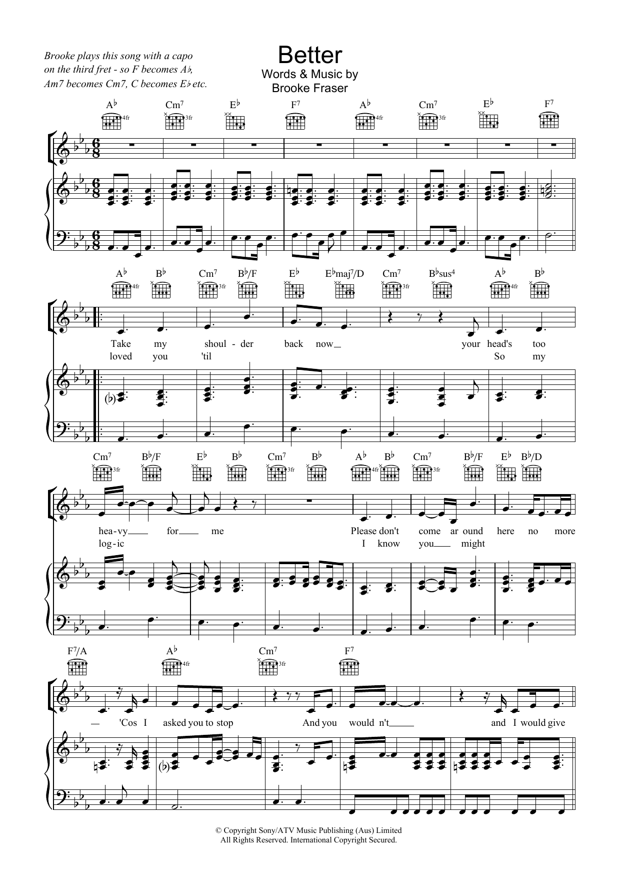 Brooke Fraser Better Sheet Music Notes & Chords for Piano, Vocal & Guitar (Right-Hand Melody) - Download or Print PDF