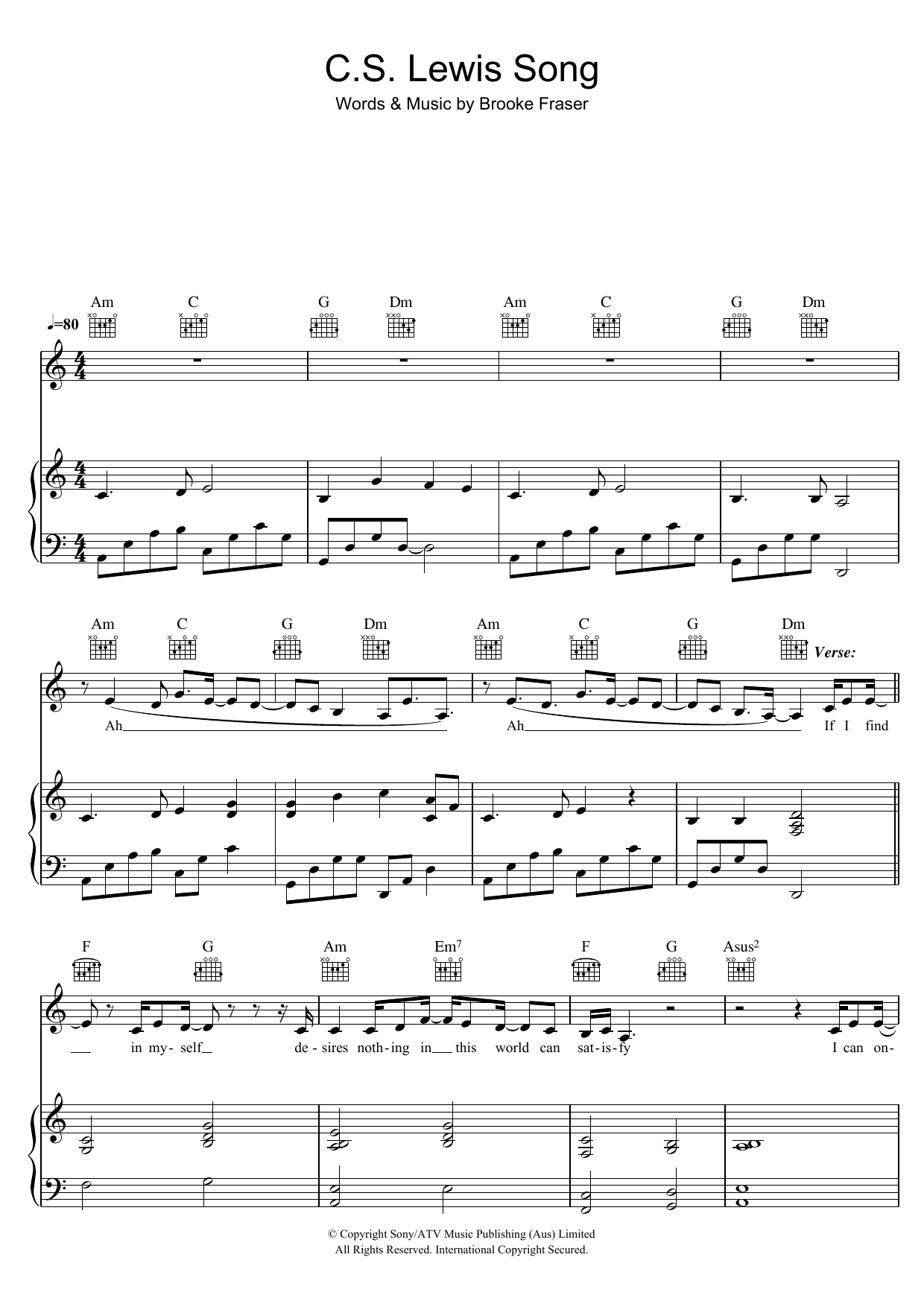 Brooke Fraser C.S. Lewis Song Sheet Music Notes & Chords for Piano, Vocal & Guitar (Right-Hand Melody) - Download or Print PDF