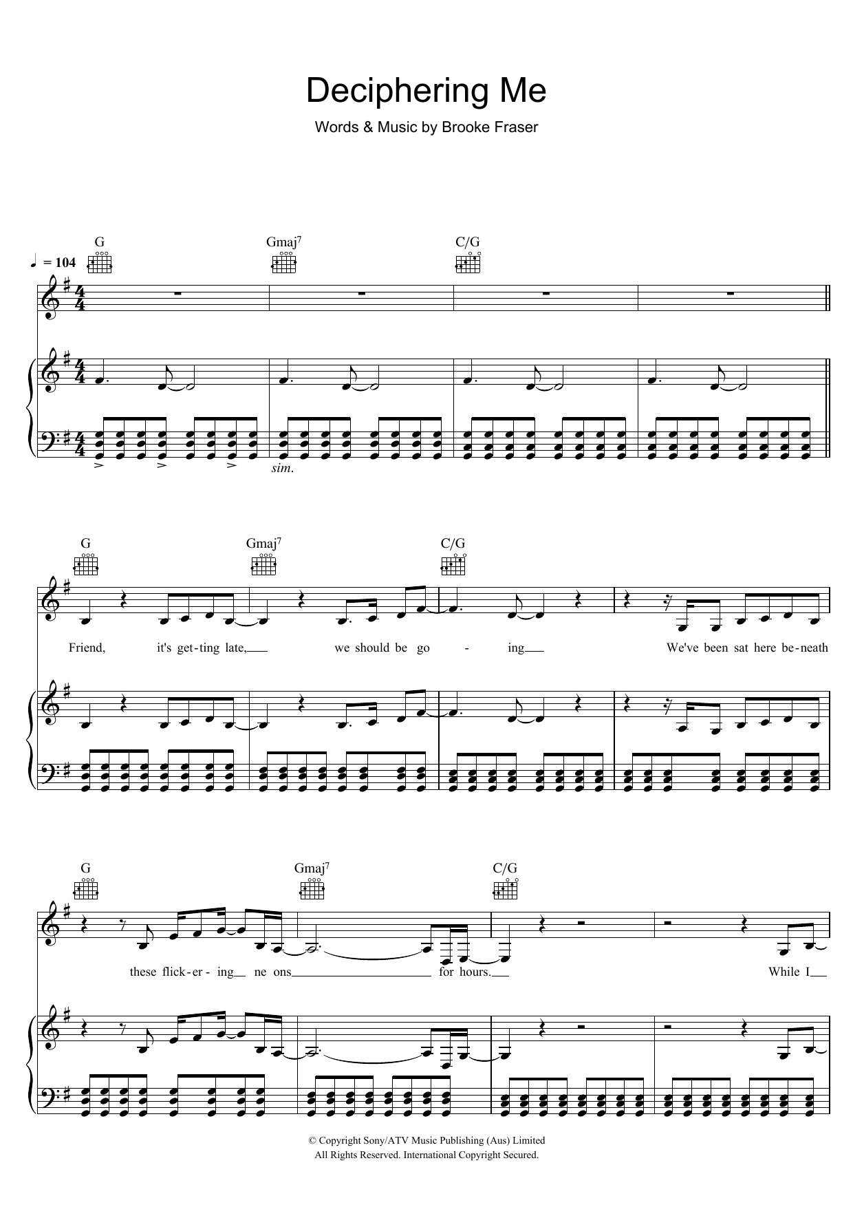 Brooke Fraser Deciphering Me Sheet Music Notes & Chords for Piano, Vocal & Guitar (Right-Hand Melody) - Download or Print PDF