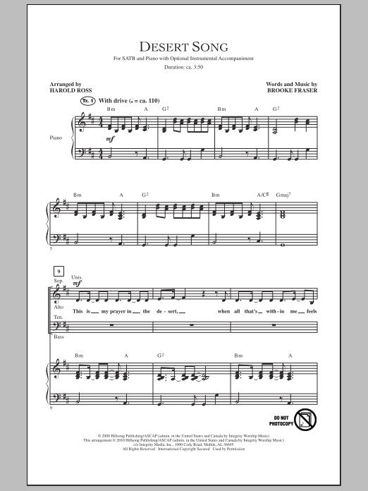 Brooke Fraser Desert Song (arr. Harold Ross) Sheet Music Notes & Chords for SATB - Download or Print PDF