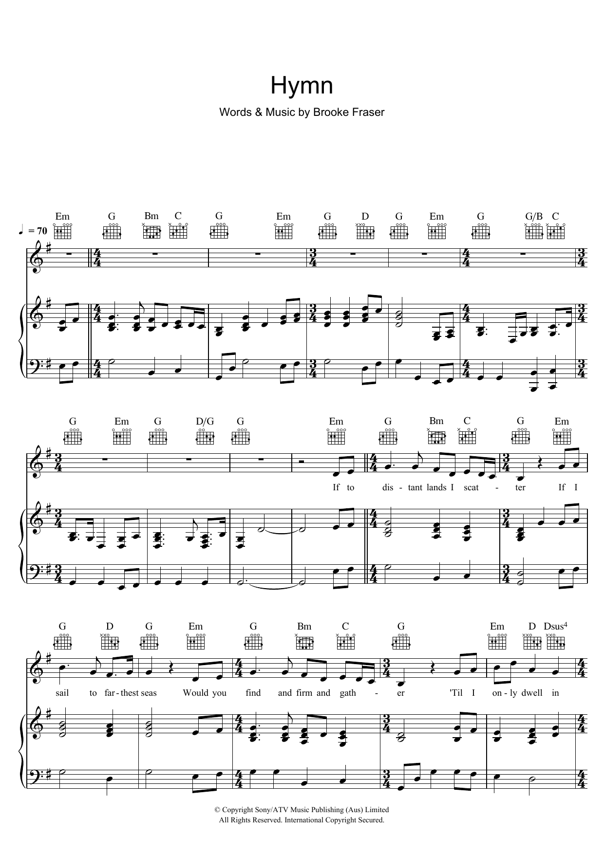 Brooke Fraser Hymn Sheet Music Notes & Chords for Piano, Vocal & Guitar (Right-Hand Melody) - Download or Print PDF