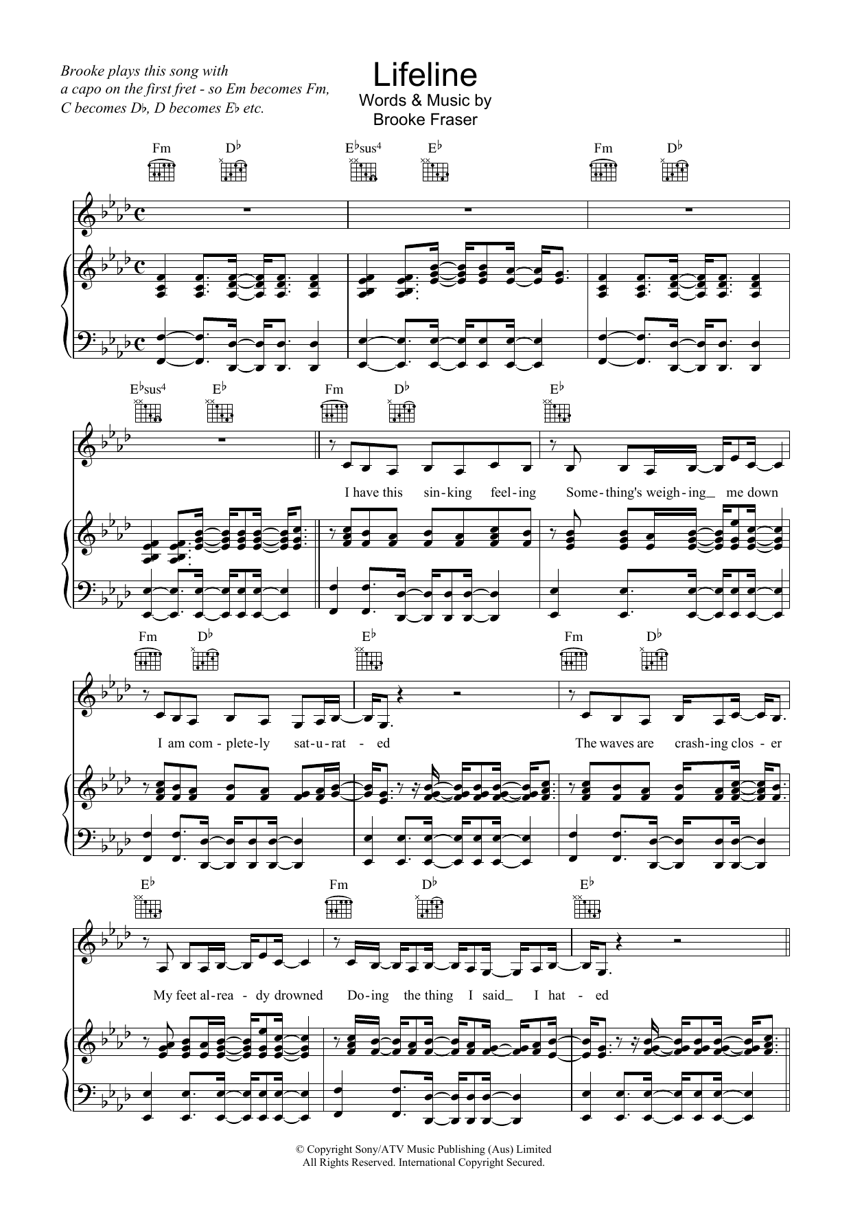 Brooke Fraser Lifeline Sheet Music Notes & Chords for Piano, Vocal & Guitar (Right-Hand Melody) - Download or Print PDF