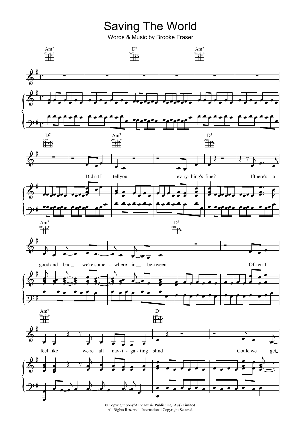 Brooke Fraser Saving The World Sheet Music Notes & Chords for Piano, Vocal & Guitar (Right-Hand Melody) - Download or Print PDF