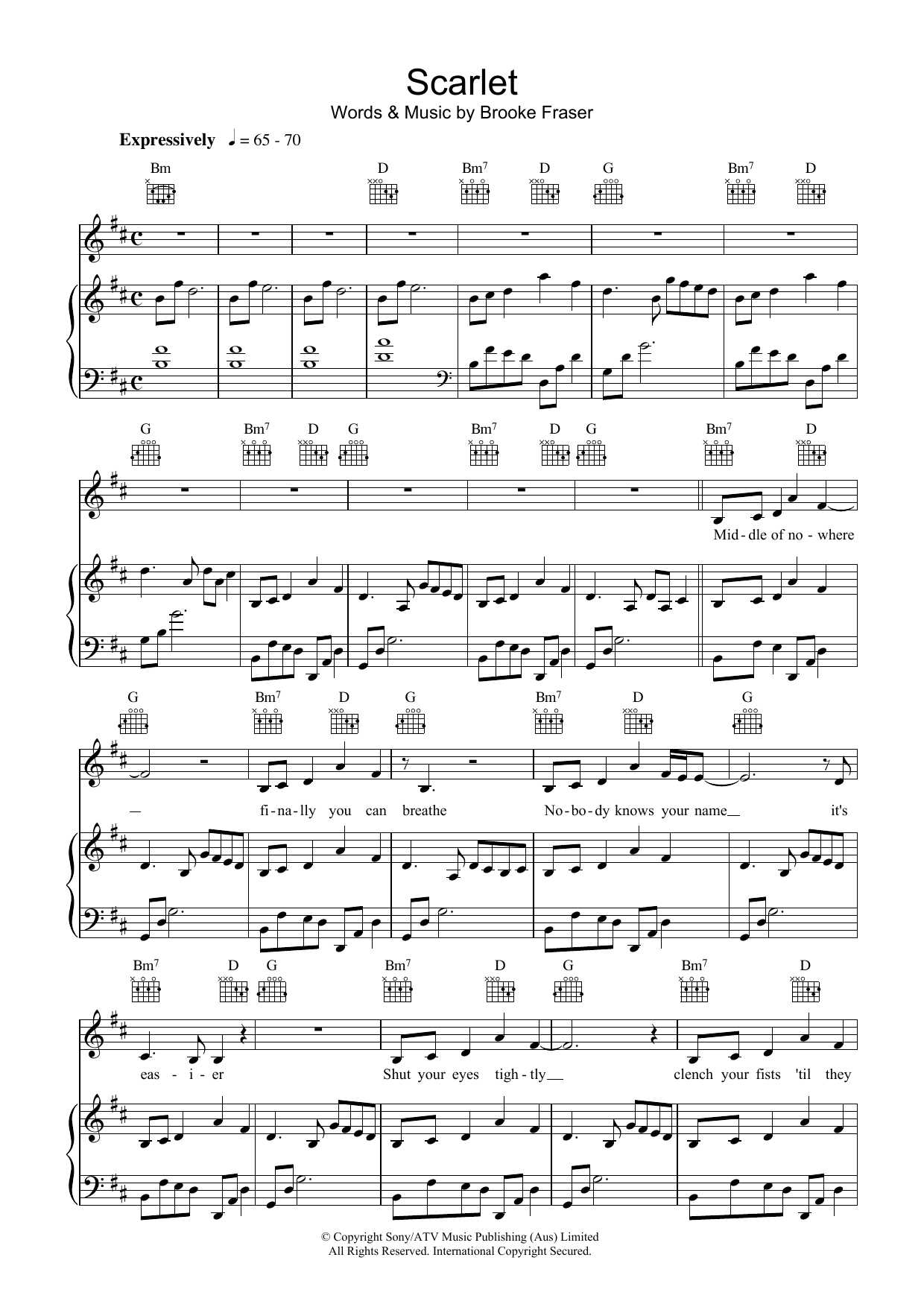 Brooke Fraser Scarlet Sheet Music Notes & Chords for Piano, Vocal & Guitar (Right-Hand Melody) - Download or Print PDF