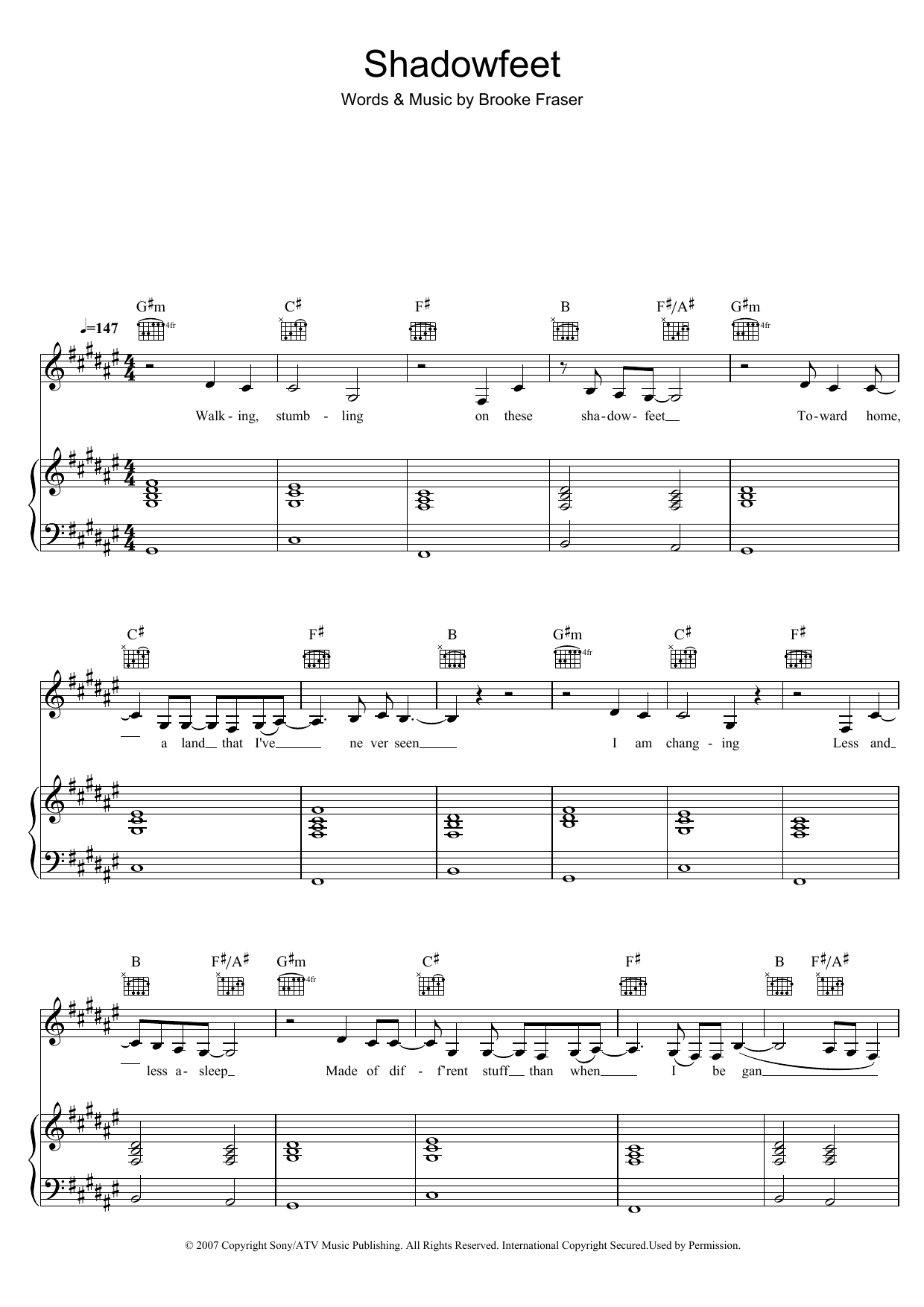 Brooke Fraser Shadowfeet Sheet Music Notes & Chords for Beginner Piano - Download or Print PDF