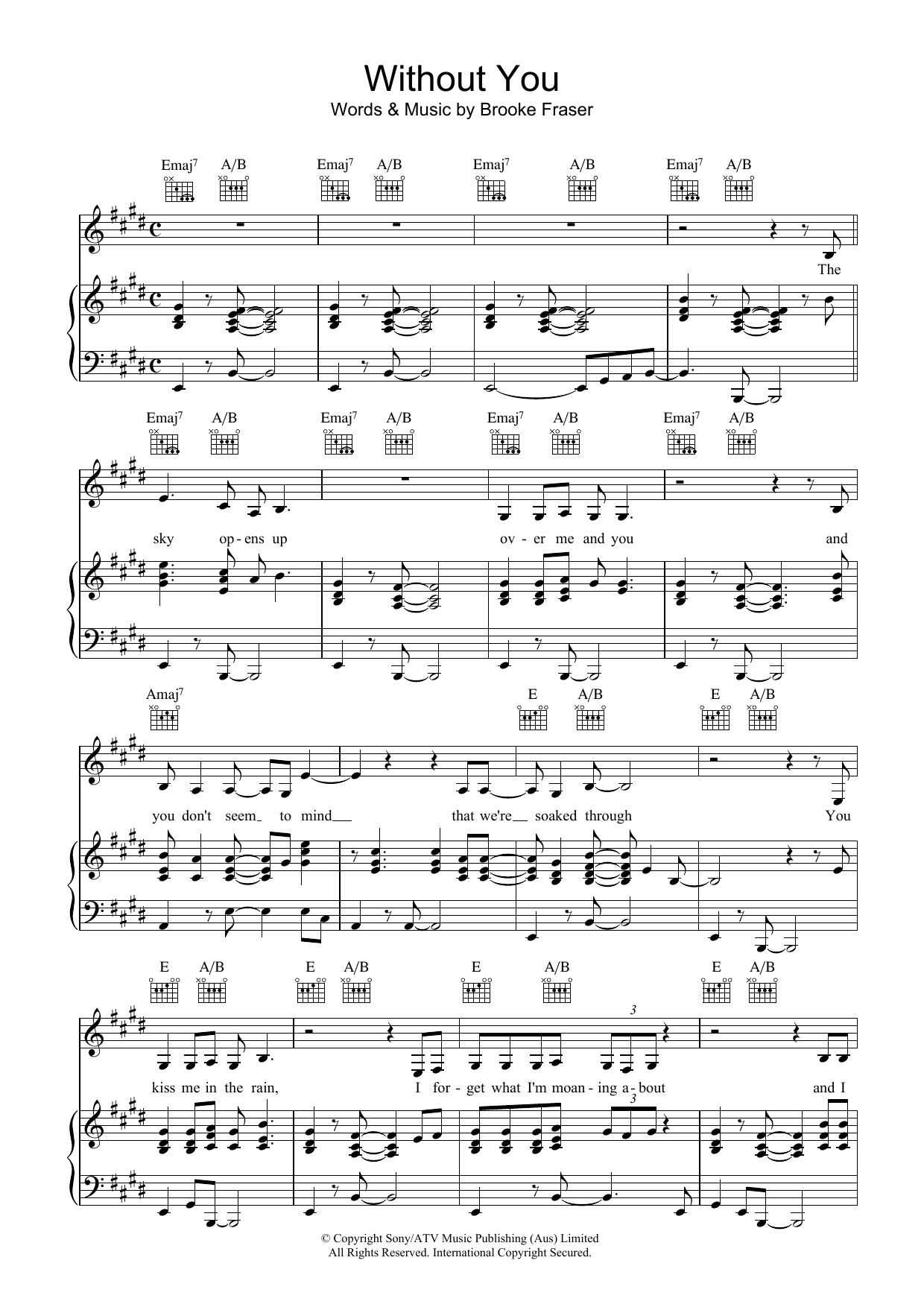 Brooke Fraser Without You Sheet Music Notes & Chords for Piano, Vocal & Guitar (Right-Hand Melody) - Download or Print PDF