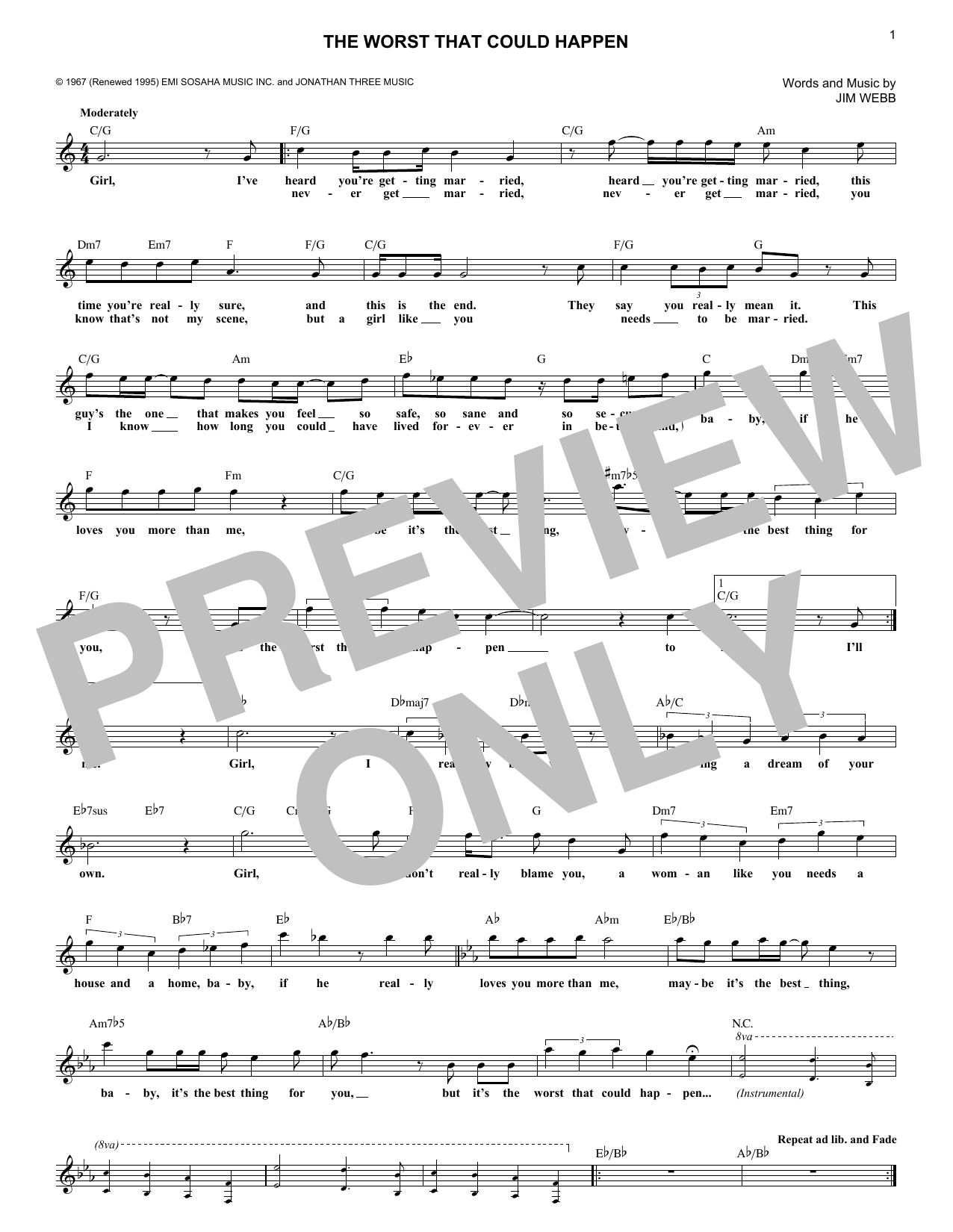 Brooklyn Bridge The Worst That Could Happen Sheet Music Notes & Chords for Melody Line, Lyrics & Chords - Download or Print PDF