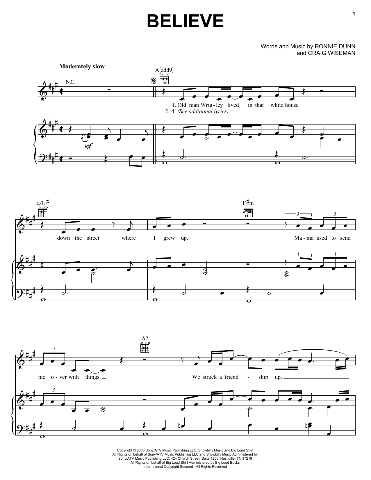 Brooks & Dunn Believe Sheet Music Notes & Chords for Piano, Vocal & Guitar (Right-Hand Melody) - Download or Print PDF