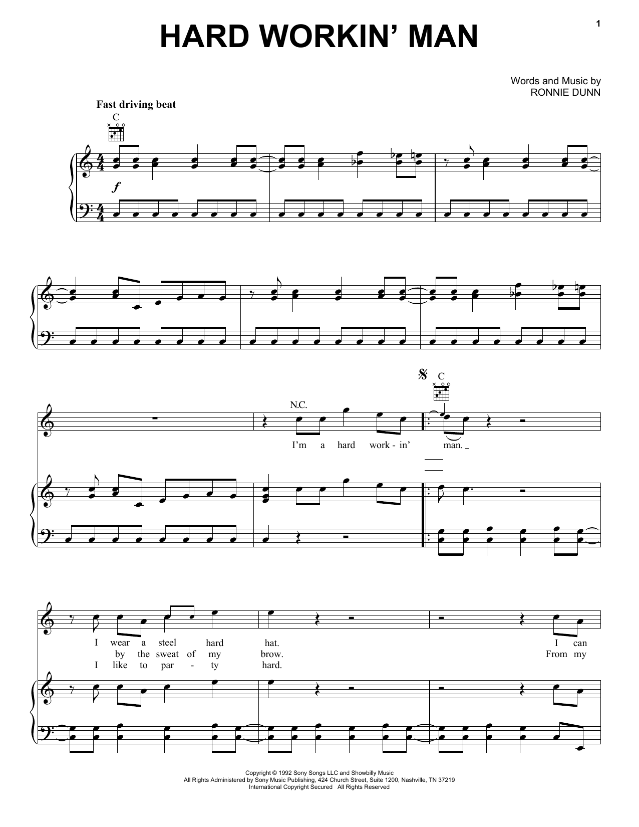 Brooks & Dunn Hard Workin' Man Sheet Music Notes & Chords for Piano, Vocal & Guitar Chords (Right-Hand Melody) - Download or Print PDF