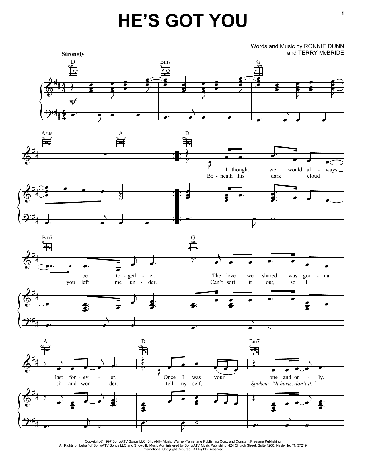 Brooks & Dunn He's Got You Sheet Music Notes & Chords for Piano, Vocal & Guitar (Right-Hand Melody) - Download or Print PDF