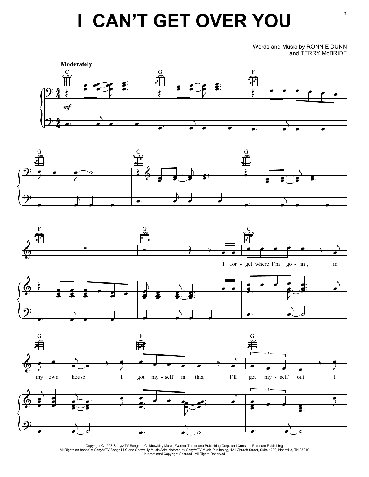 Brooks & Dunn I Can't Get Over You Sheet Music Notes & Chords for Piano, Vocal & Guitar (Right-Hand Melody) - Download or Print PDF