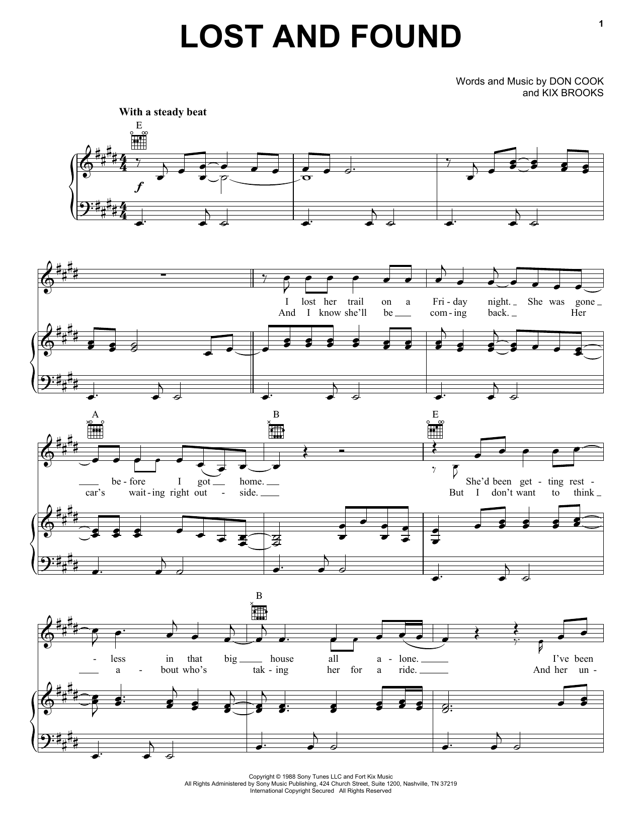 Brooks & Dunn Lost And Found Sheet Music Notes & Chords for Piano, Vocal & Guitar Chords (Right-Hand Melody) - Download or Print PDF