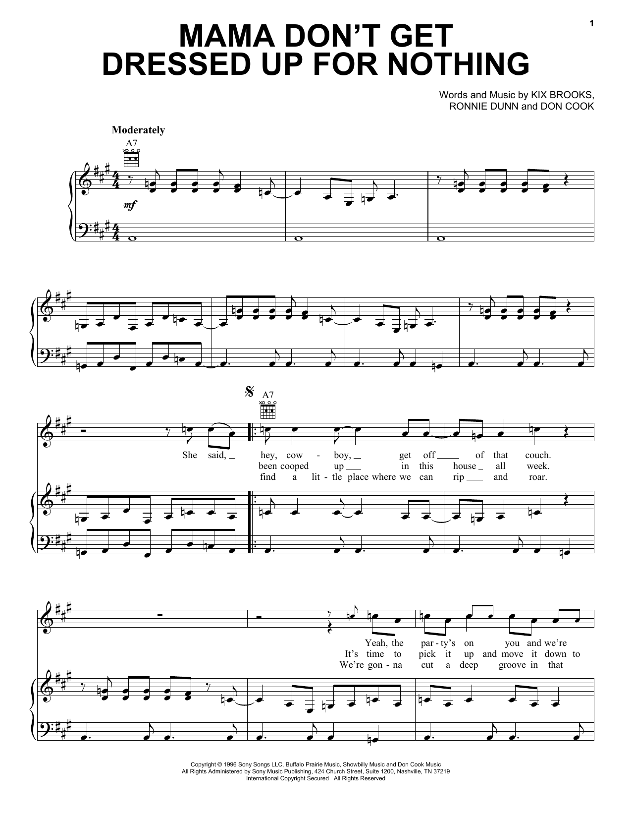 Brooks & Dunn Mama Don't Get Dressed Up For Nothing Sheet Music Notes & Chords for Piano, Vocal & Guitar Chords (Right-Hand Melody) - Download or Print PDF