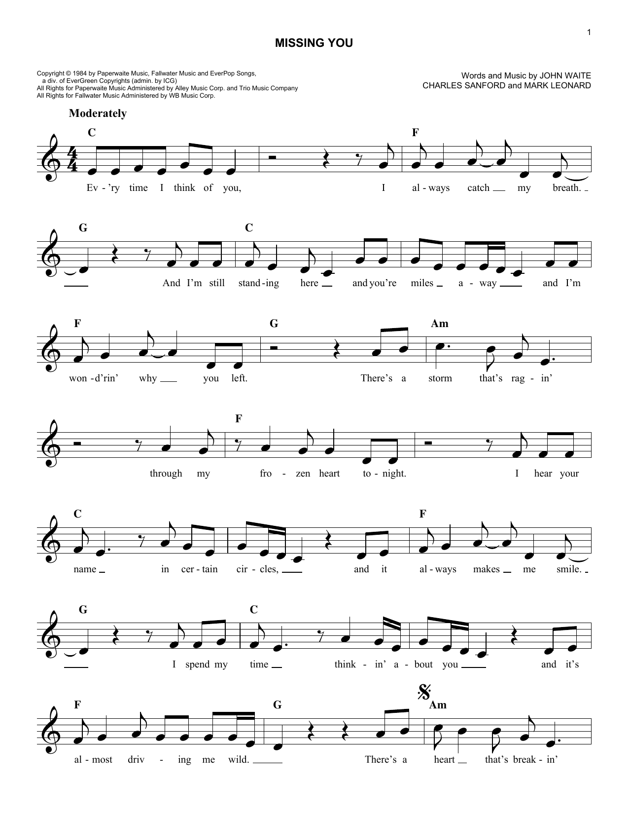 Brooks & Dunn Missing You Sheet Music Notes & Chords for Melody Line, Lyrics & Chords - Download or Print PDF