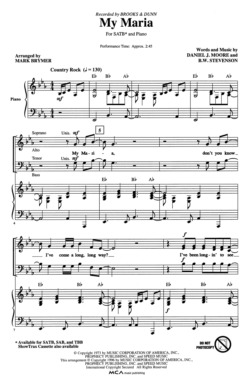 Brooks & Dunn My Maria (arr. Mark Brymer) Sheet Music Notes & Chords for TBB Choir - Download or Print PDF