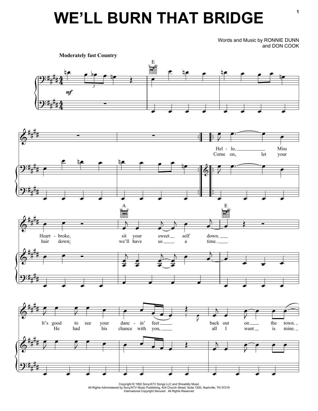 Brooks & Dunn We'll Burn That Bridge Sheet Music Notes & Chords for Piano, Vocal & Guitar (Right-Hand Melody) - Download or Print PDF