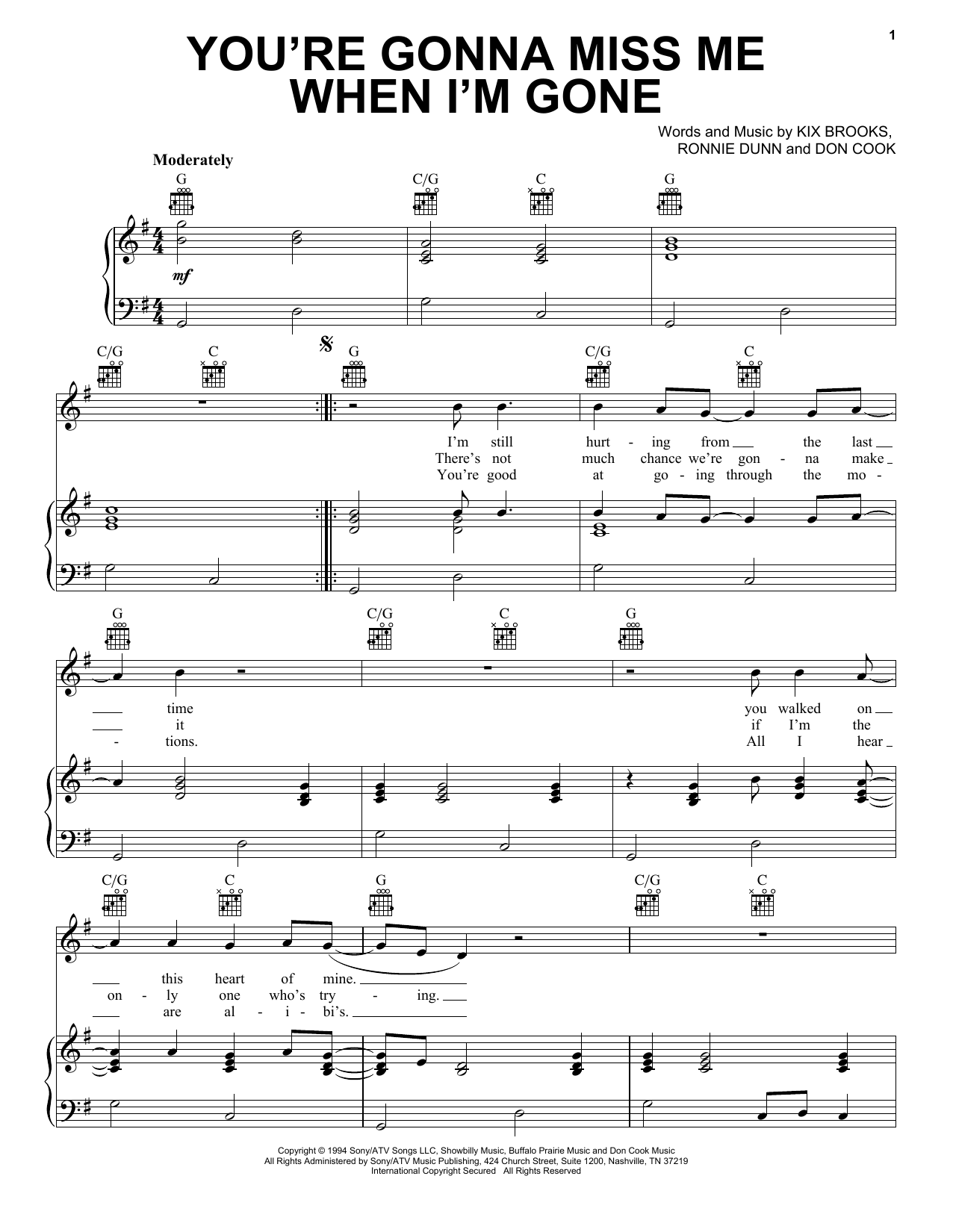 Brooks & Dunn You're Gonna Miss Me When I'm Gone Sheet Music Notes & Chords for Piano, Vocal & Guitar (Right-Hand Melody) - Download or Print PDF