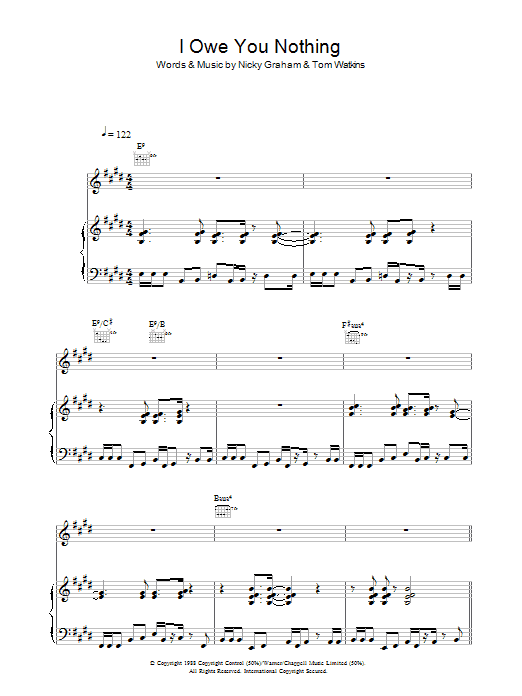 Preview Bros I Owe You Nothing Pop sheet music, notes and chords for Beginner Piano, SKU: 37166 I Owe You Nothing sheet music