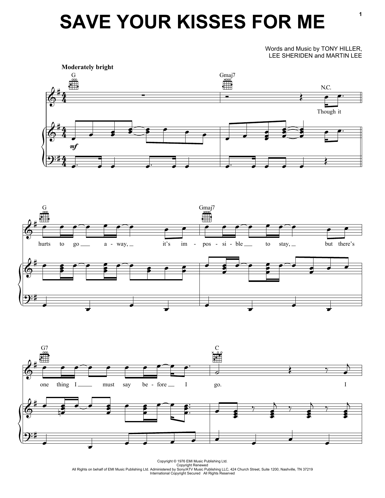 Brotherhood Of Man Save Your Kisses For Me Sheet Music Notes & Chords for Piano, Vocal & Guitar (Right-Hand Melody) - Download or Print PDF