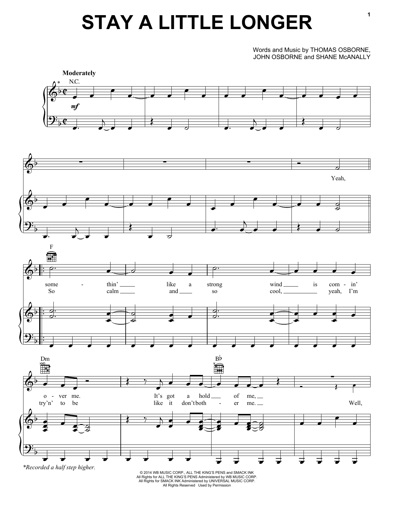 Brothers Osborne Stay A Little Longer Sheet Music Notes & Chords for Piano, Vocal & Guitar (Right-Hand Melody) - Download or Print PDF