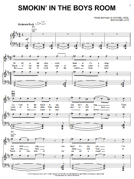 Brownsville Station Smokin' In The Boys Room Sheet Music Notes & Chords for Piano, Vocal & Guitar (Right-Hand Melody) - Download or Print PDF