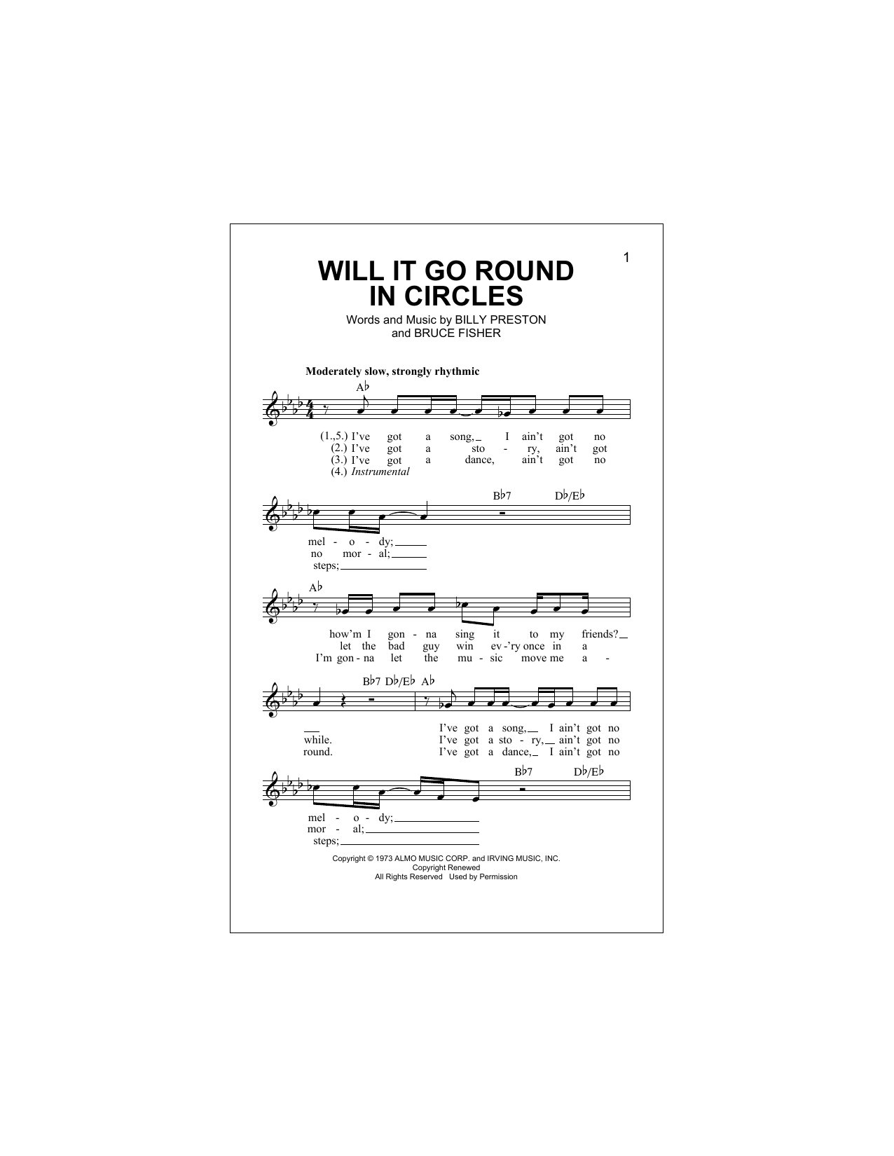 Bruce Fisher Will It Go Round In Circles Sheet Music Notes & Chords for Melody Line, Lyrics & Chords - Download or Print PDF