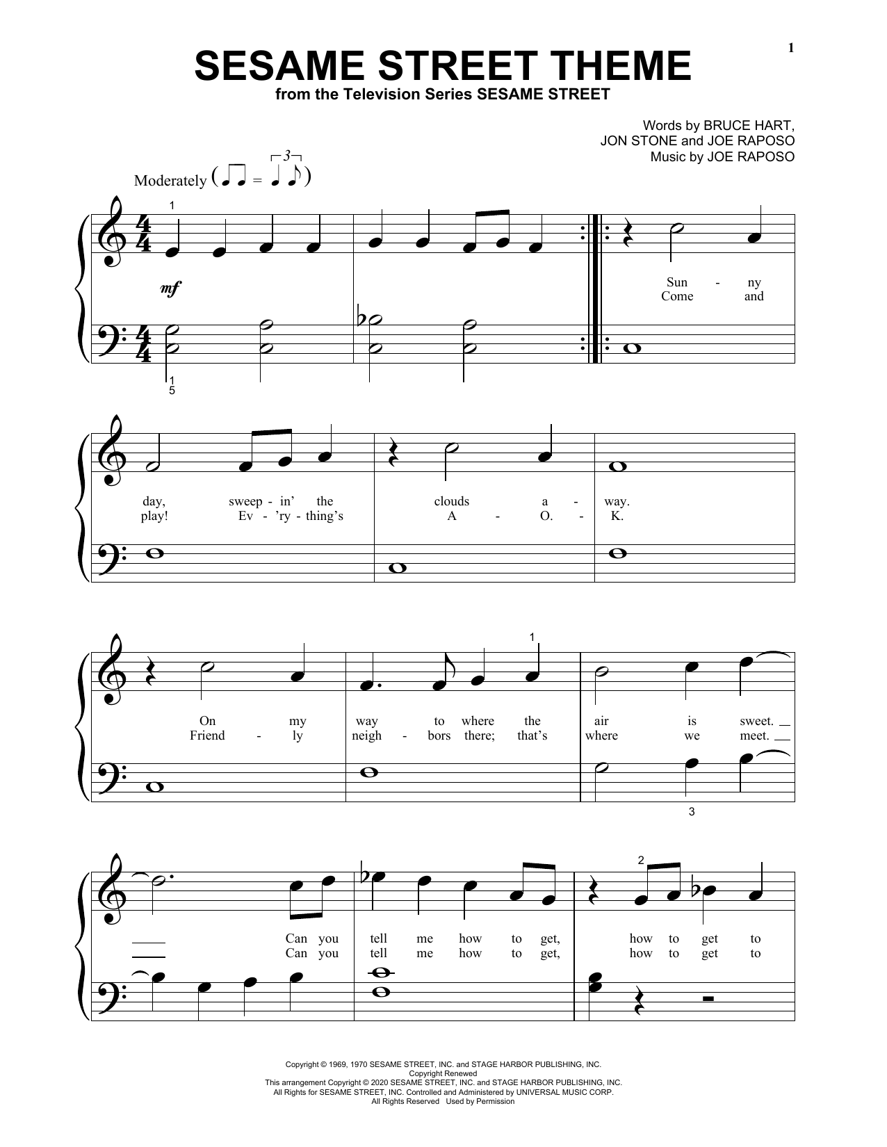 Bruce Hart, Jon Stone and Joe Raposo Sesame Street Theme Sheet Music Notes & Chords for Big Note Piano - Download or Print PDF