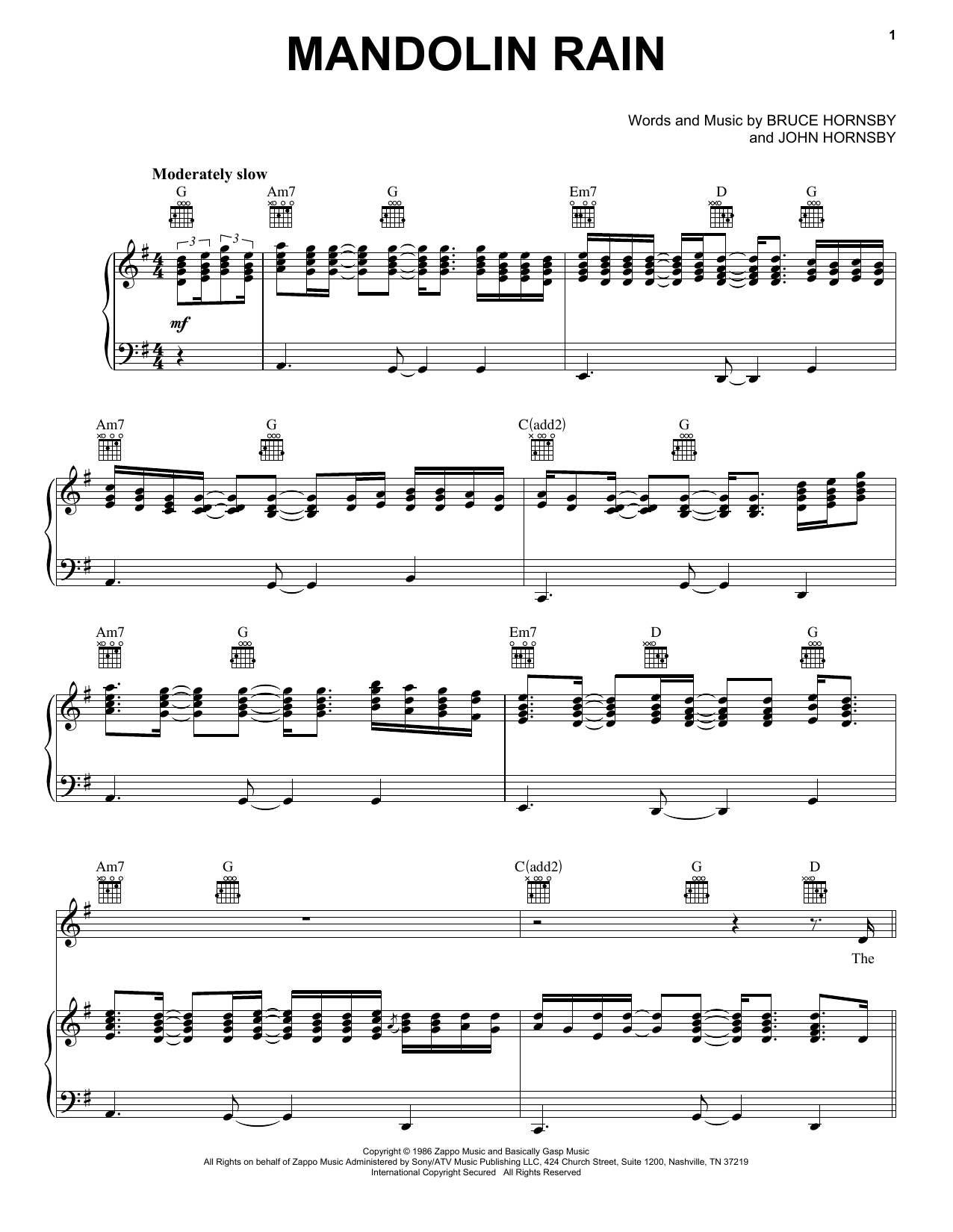 Bruce Hornsby Mandolin Rain Sheet Music Notes & Chords for Piano, Vocal & Guitar (Right-Hand Melody) - Download or Print PDF