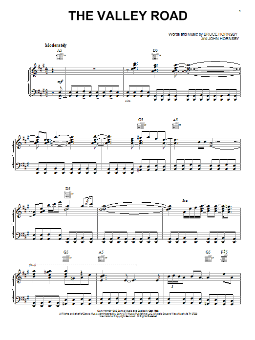 Bruce Hornsby The Valley Road Sheet Music Notes & Chords for Piano, Vocal & Guitar (Right-Hand Melody) - Download or Print PDF