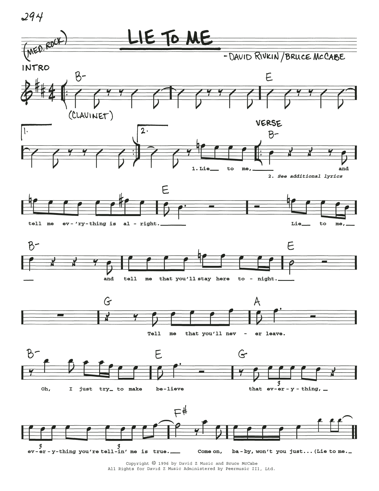 Bruce McCabe Lie To Me Sheet Music Notes & Chords for Real Book – Melody, Lyrics & Chords - Download or Print PDF
