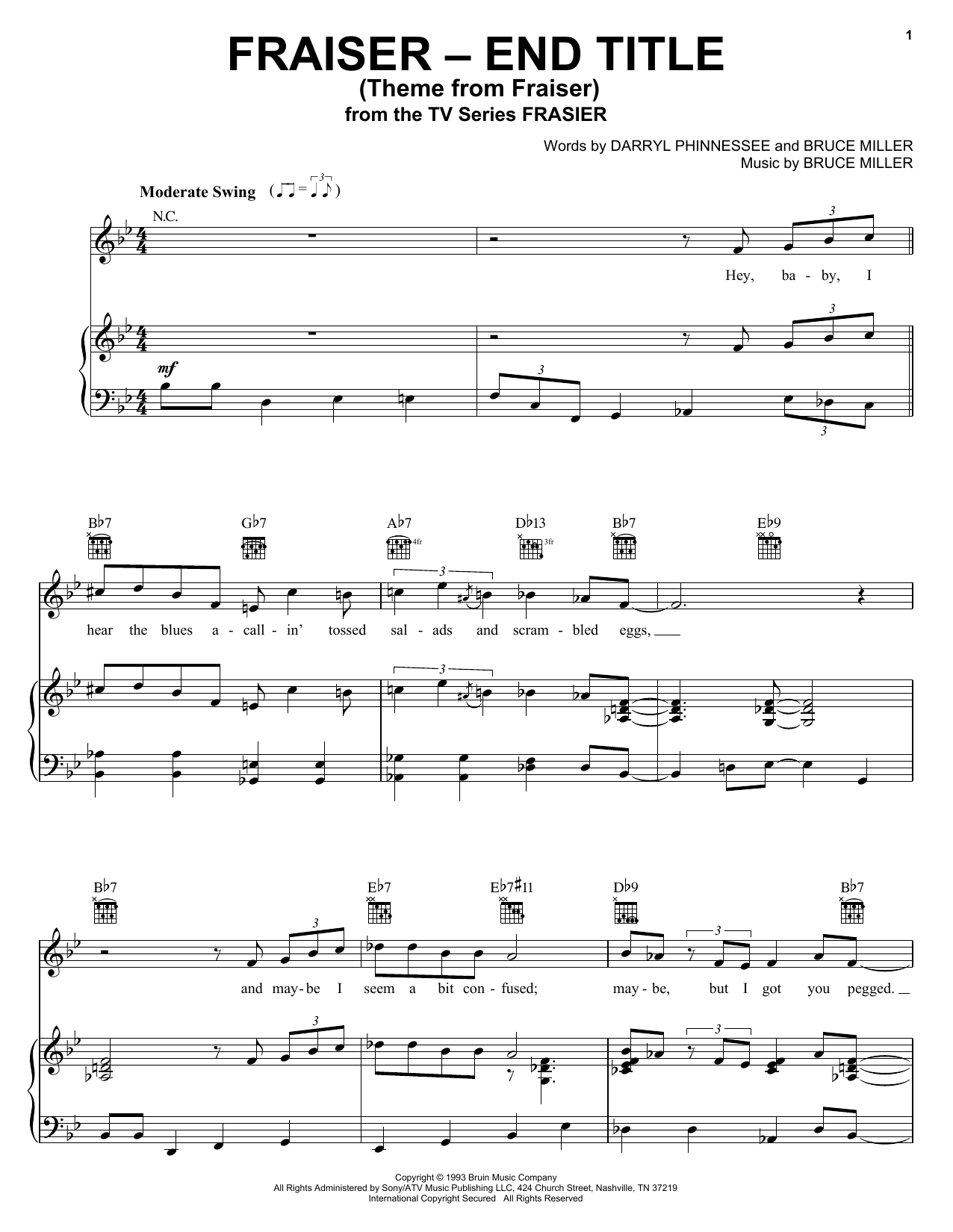 Bruce Miller Theme From Frasier Sheet Music Notes & Chords for Piano, Vocal & Guitar (Right-Hand Melody) - Download or Print PDF