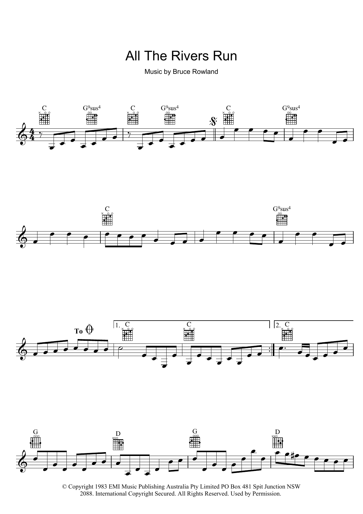 Bruce Rowland All The Rivers Run Sheet Music Notes & Chords for Melody Line, Lyrics & Chords - Download or Print PDF