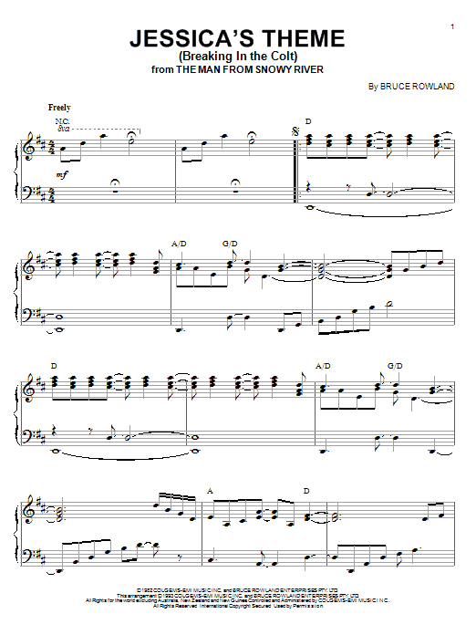 Bruce Rowland Jessica's Theme (Breaking In The Colt) (from The Man From Snowy River) Sheet Music Notes & Chords for Piano - Download or Print PDF
