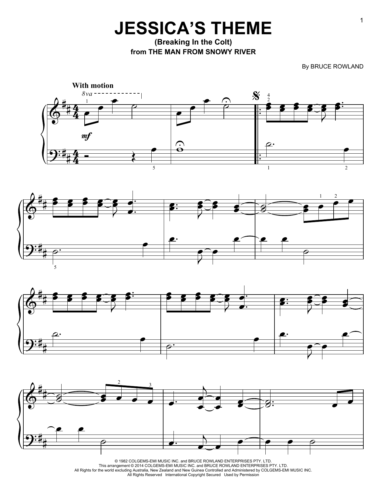 Bruce Rowland Jessica's Theme (Breaking In The Colt) Sheet Music Notes & Chords for Easy Piano Solo - Download or Print PDF