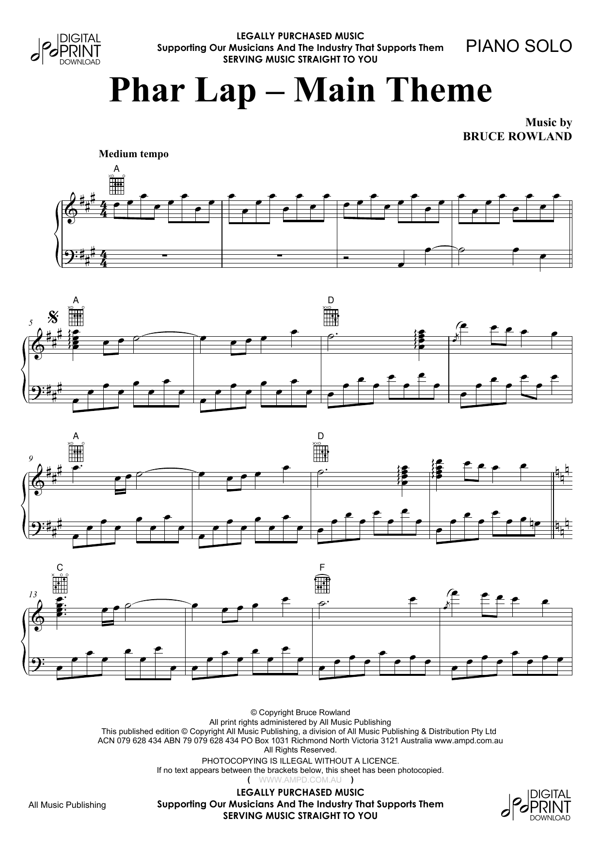 Bruce Rowland Phar Lap - Main Theme Sheet Music Notes & Chords for Piano - Download or Print PDF