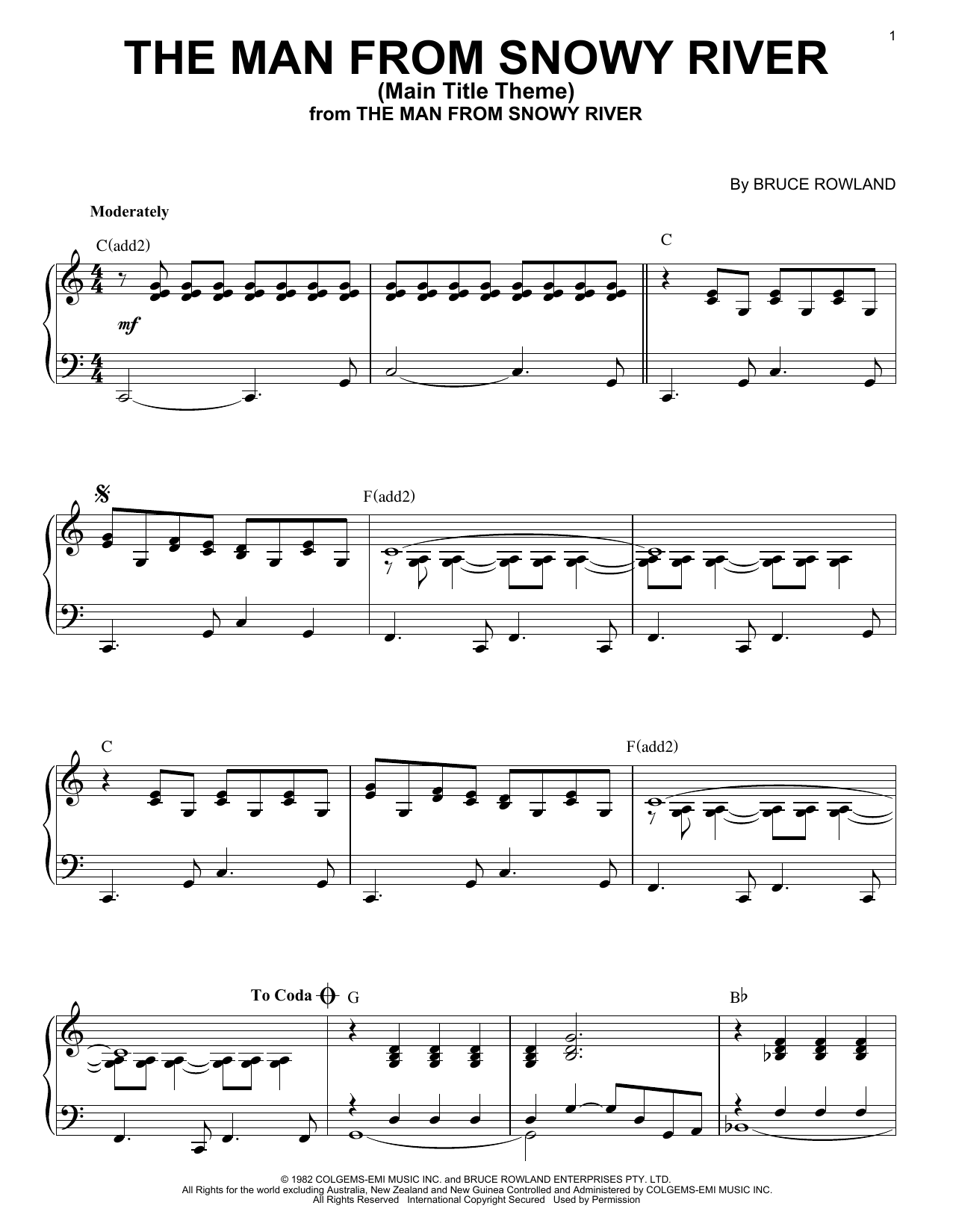 Bruce Rowland The Man From Snowy River (Main Title Theme) Sheet Music Notes & Chords for Very Easy Piano - Download or Print PDF