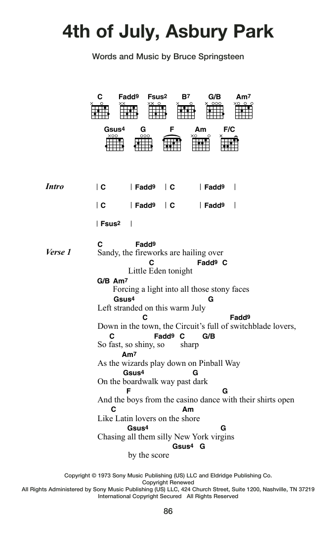 Bruce Springsteen 4th of July, Asbury Park Sheet Music Notes & Chords for Guitar Chords/Lyrics - Download or Print PDF