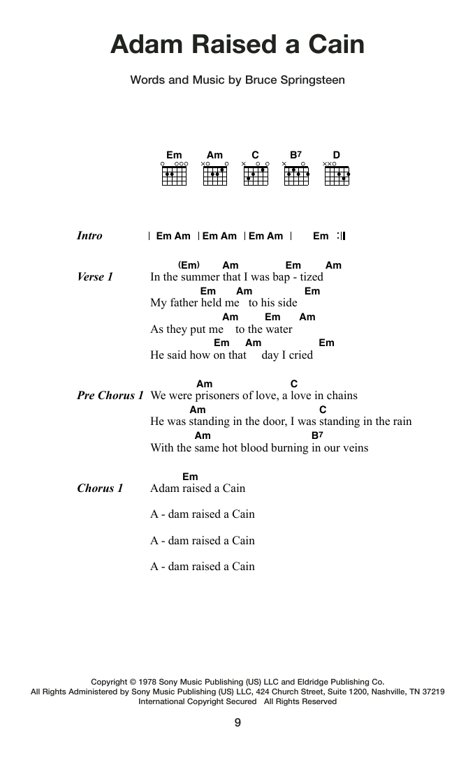 Bruce Springsteen Adam Raised A Cain Sheet Music Notes & Chords for Guitar Chords/Lyrics - Download or Print PDF