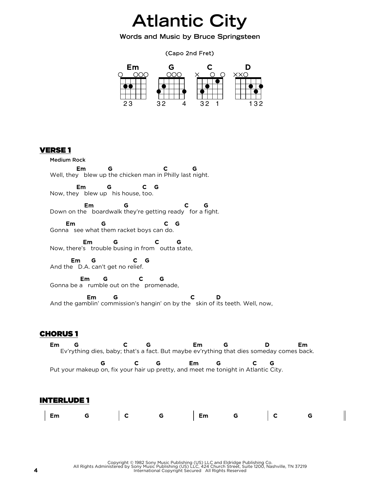 Bruce Springsteen Atlantic City Sheet Music Notes & Chords for Piano, Vocal & Guitar Chords (Right-Hand Melody) - Download or Print PDF