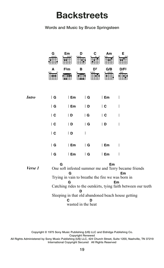 Bruce Springsteen Backstreets Sheet Music Notes & Chords for Guitar Chords/Lyrics - Download or Print PDF