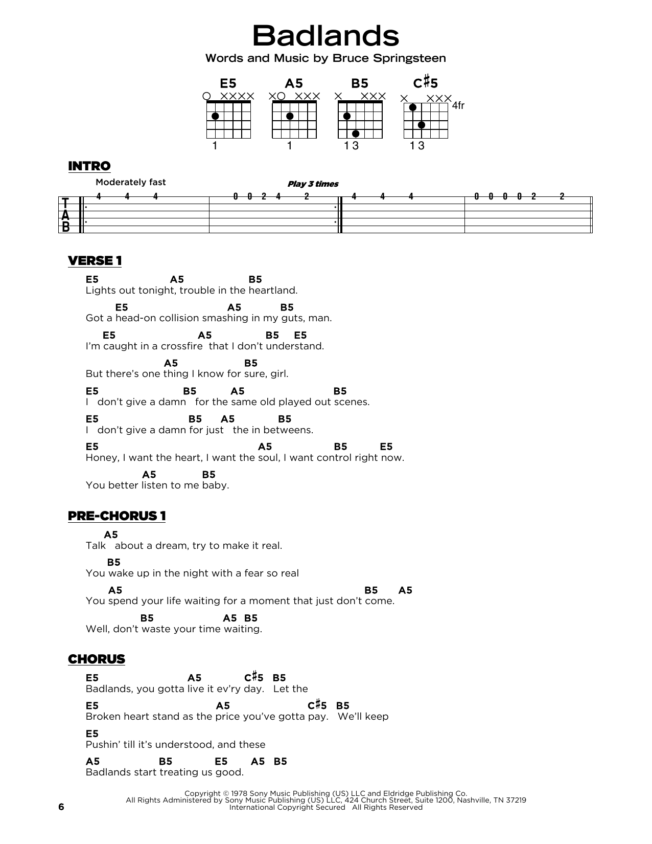 Bruce Springsteen Badlands Sheet Music Notes & Chords for Piano, Vocal & Guitar Chords (Right-Hand Melody) - Download or Print PDF
