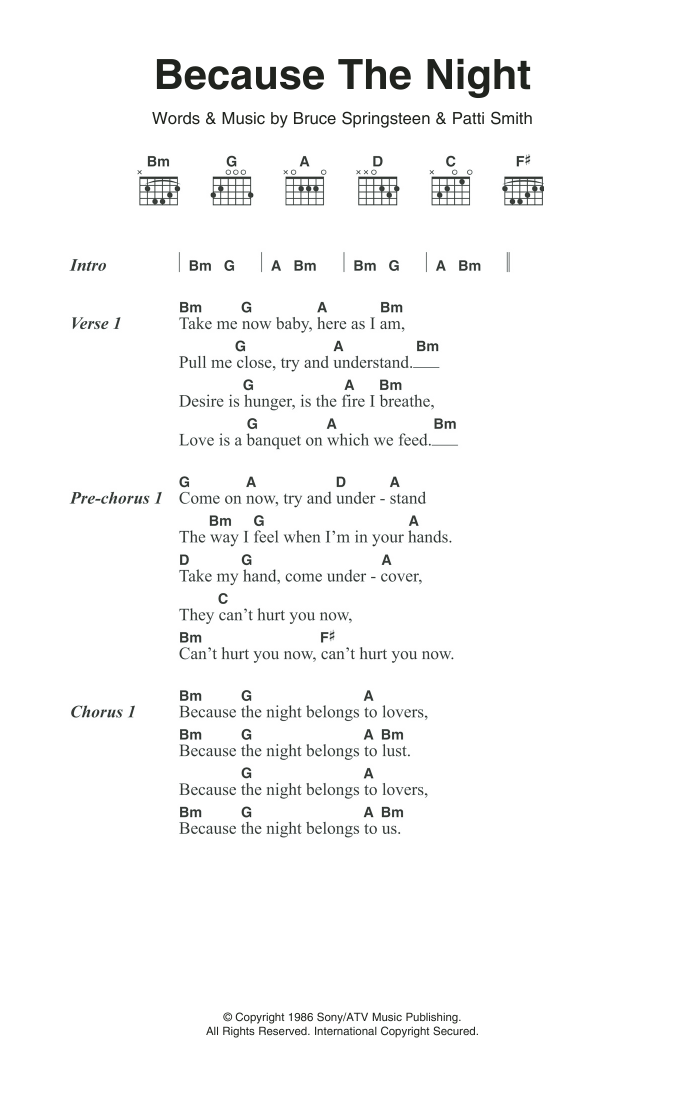 Patti Smith Because The Night Sheet Music Notes & Chords for Lyrics & Chords - Download or Print PDF