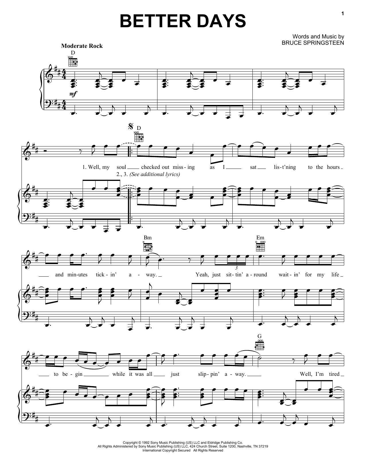 Bruce Springsteen Better Days Sheet Music Notes & Chords for Piano, Vocal & Guitar Chords (Right-Hand Melody) - Download or Print PDF