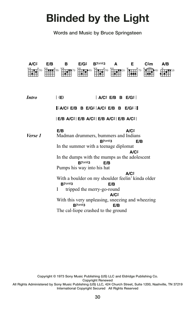 Bruce Springsteen Blinded By The Light Sheet Music Notes & Chords for Guitar Chords/Lyrics - Download or Print PDF