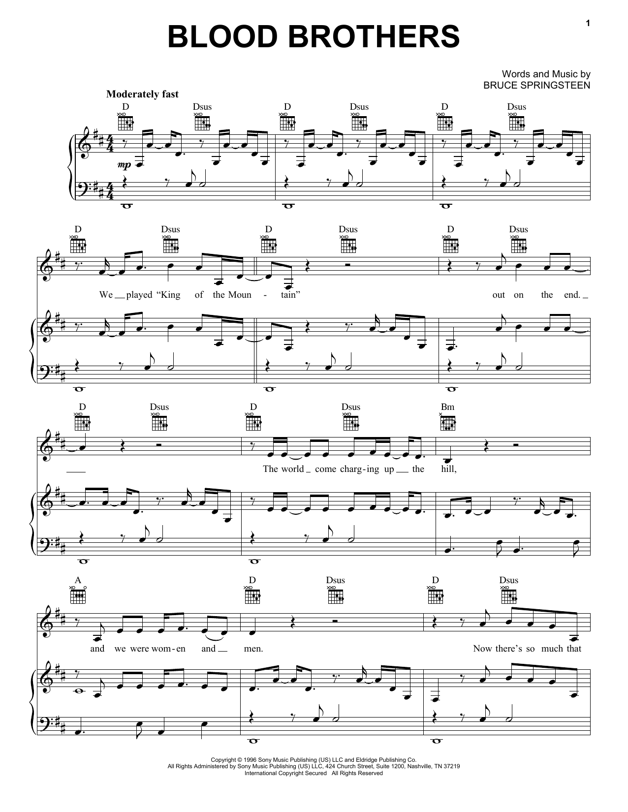Bruce Springsteen Blood Brothers Sheet Music Notes & Chords for Piano, Vocal & Guitar Chords (Right-Hand Melody) - Download or Print PDF